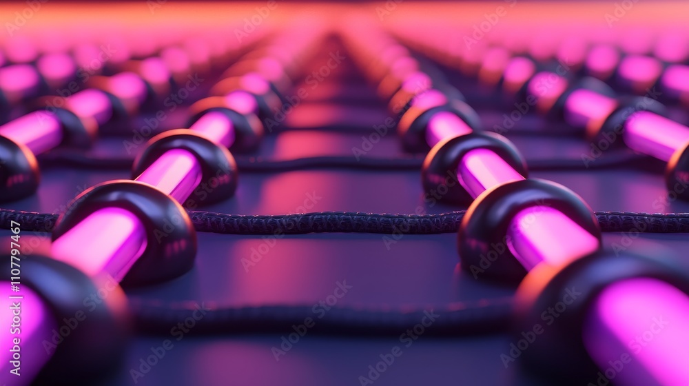 Poster a vibrant, abstract image showcasing a series of glowing rods arranged in a grid pattern, illuminate