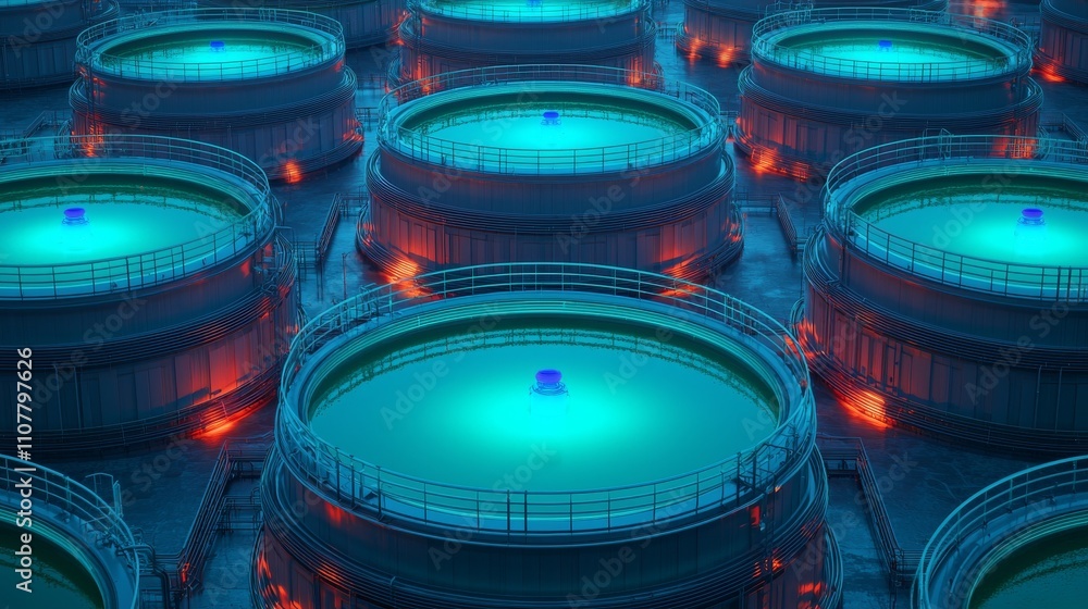 Poster aerial view of illuminated circular tanks with turquoise liquid, surrounded by glowing red elements,