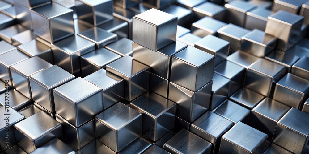 Poster Abstract Metallic Cube Pattern A Close-Up View of Stacked Silver Cubes Displaying Geometric Shapes and Reflecting Light