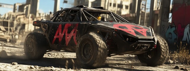 A rugged off-road vehicle drives through a desolate landscape, showcasing its aggressive design and powerful tires.