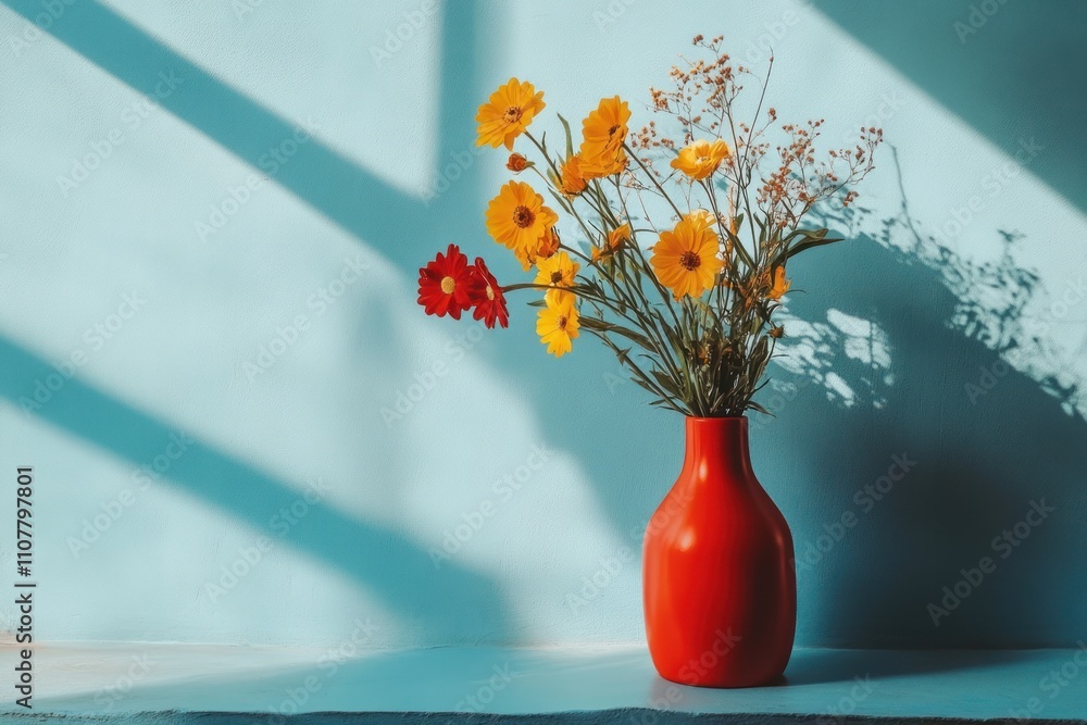 Poster a vase with a bouquet of yellow and red flowers is placed on a blue background with light passing th