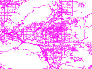 Obraz premium Abstract Neon Road Network Overlay of Yucaipa California, USA in Bright Pink.