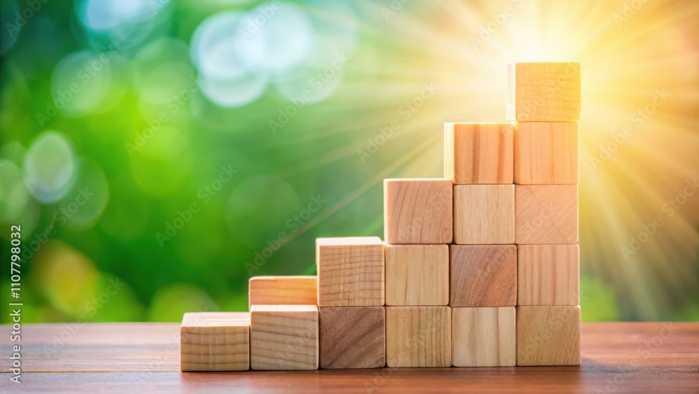 Poster wooden blocks stacked in a staircase shape, symbolizing growth and progress, with sunlight shining t