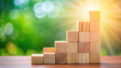 Wooden blocks stacked in a staircase shape, symbolizing growth and progress, with sunlight shining through a blurred green background.