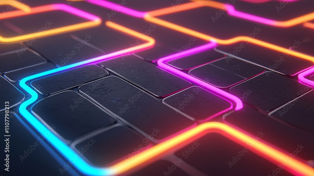 Poster a vibrant, abstract design featuring glowing neon lines in various colors on a dark background, crea