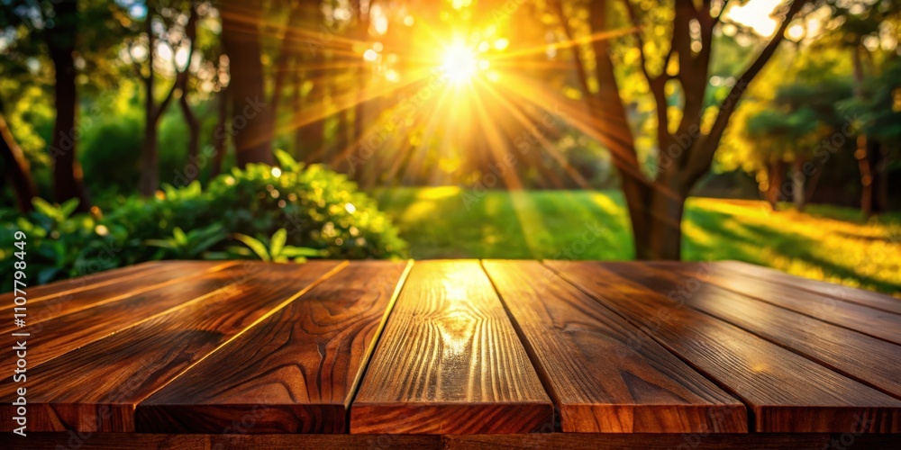 Poster a wooden table surface against a backdrop of a lush green forest, bathed in the warm glow of the set