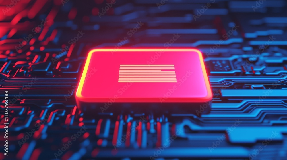 Poster a vibrant, futuristic image of a glowing microchip on a circuit board, showcasing technology and inn