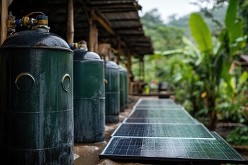 Obraz premium Rural energy Gas tanks and solar panels providing power in a remote village setting.