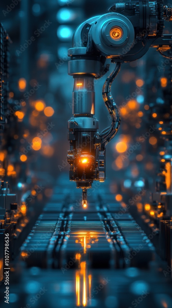 Aufkleber robotic arm performing precise welding task in a futuristic factory.