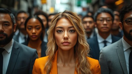 Fototapeta premium A diverse group of professionals in suits, with a confident woman in an orange jacket at the forefront.