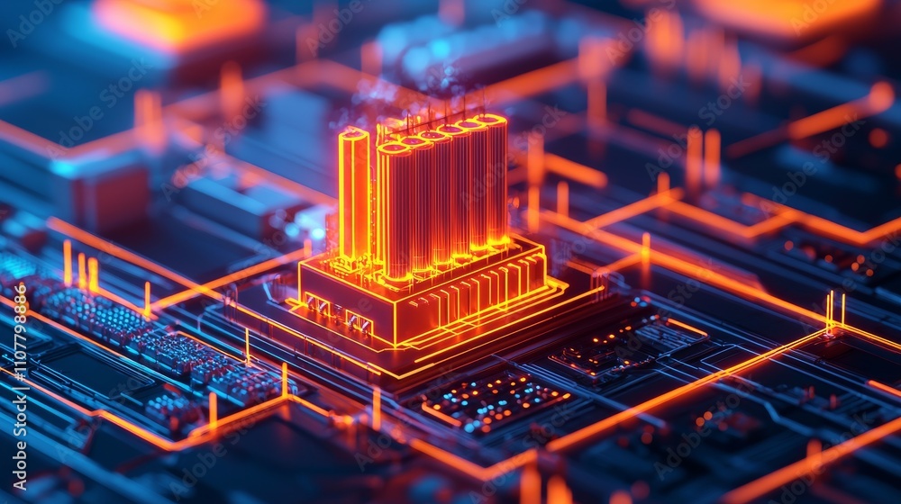 Poster a vibrant digital representation of a circuit board with a glowing building, illustrating technology