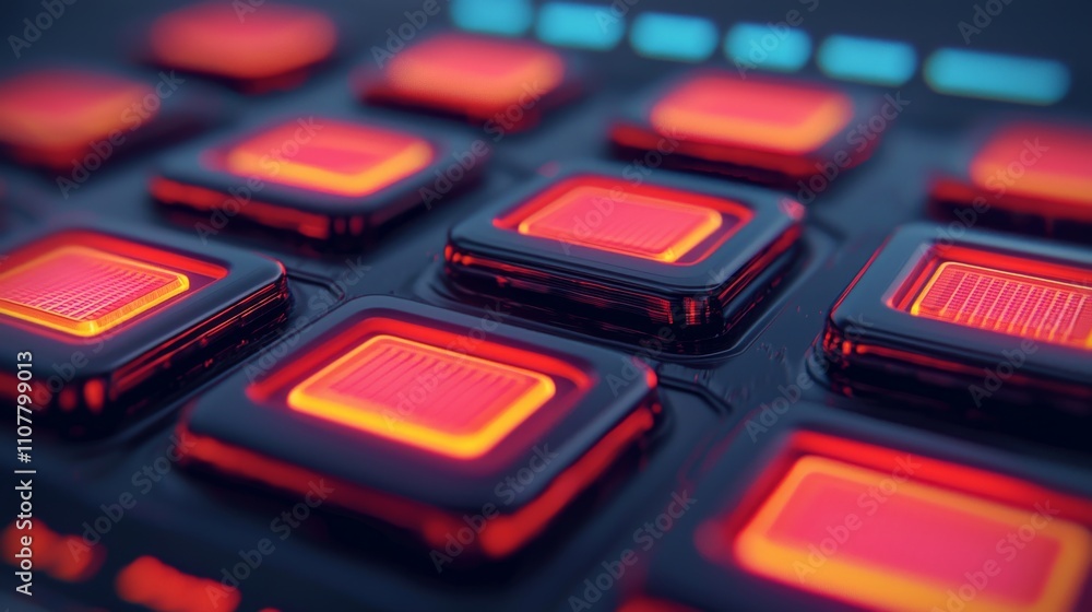 Poster a close-up view of illuminated control buttons, featuring vibrant red colors against a dark backdrop
