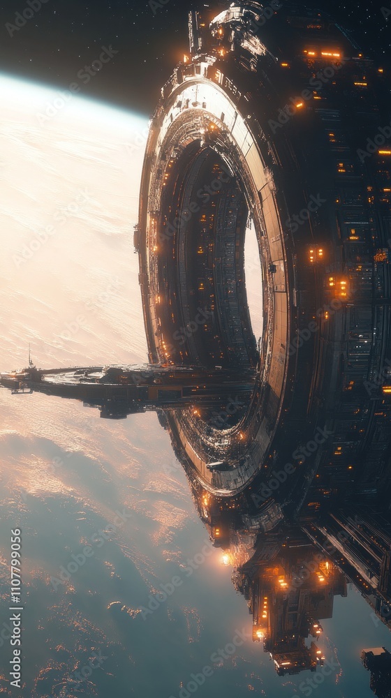 Poster a futuristic spaceship docks with a large, ring-shaped space station orbiting a planet.
