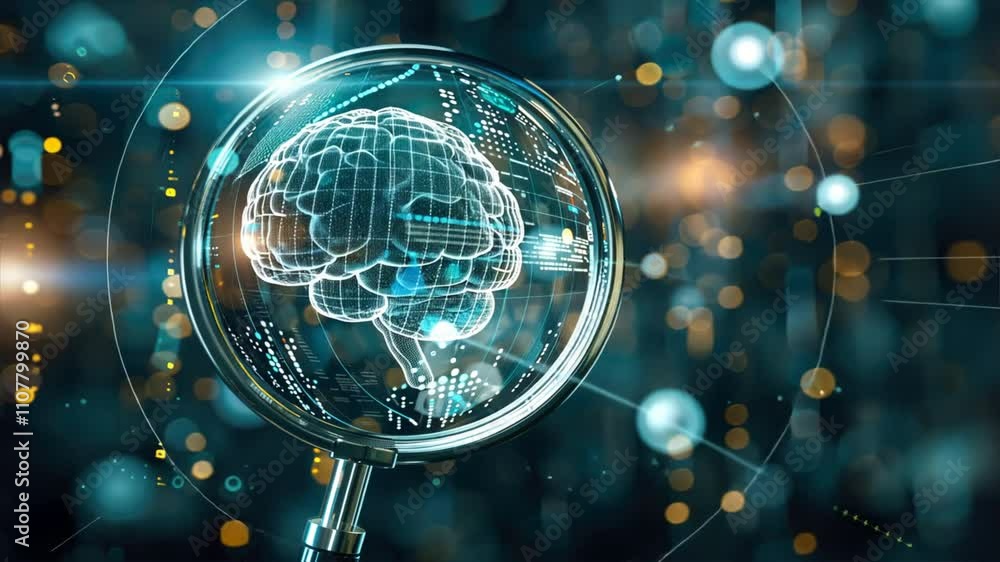Poster digital brain illustration under magnifying glass futuristic exploration of innovation, technology, 