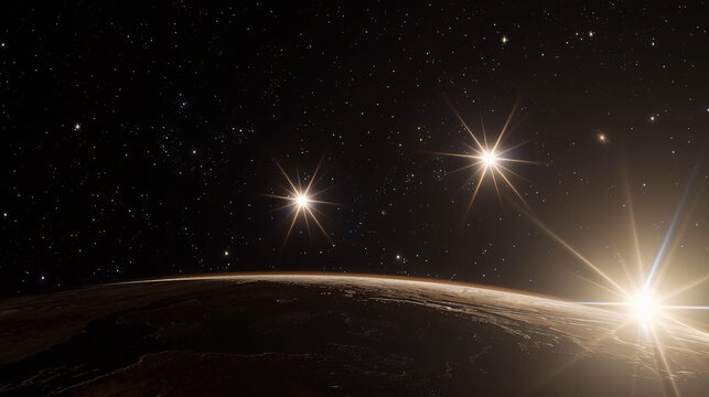 A solar system with three stars, designed in an Unreal Engine style.