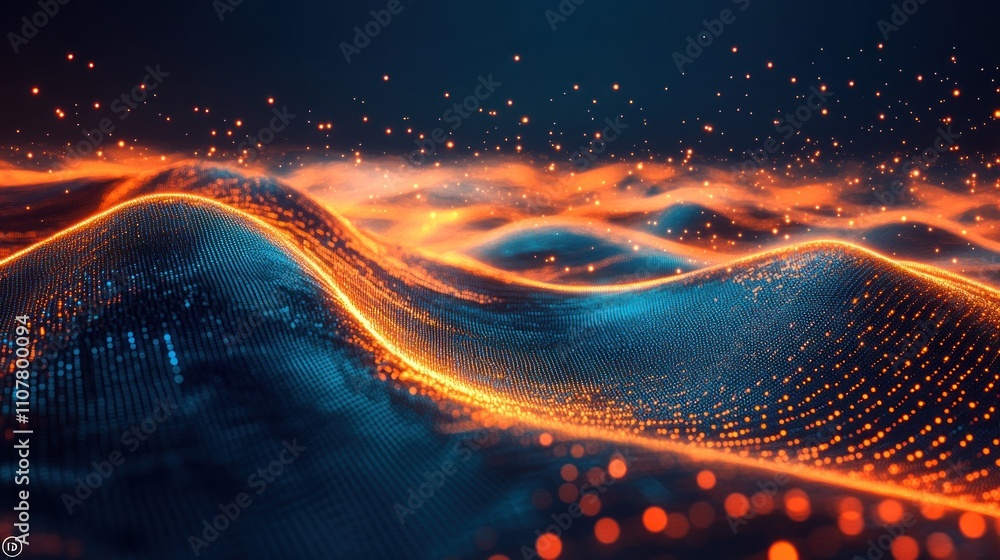 Poster abstract glowing orange and blue wave pattern with particles and bokeh lights.