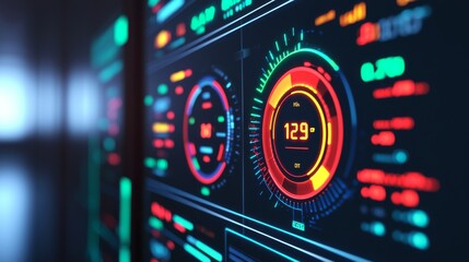 Obraz premium A close-up view of a vibrant digital dashboard featuring gauges and readings, showcasing modern technology and data visualization.