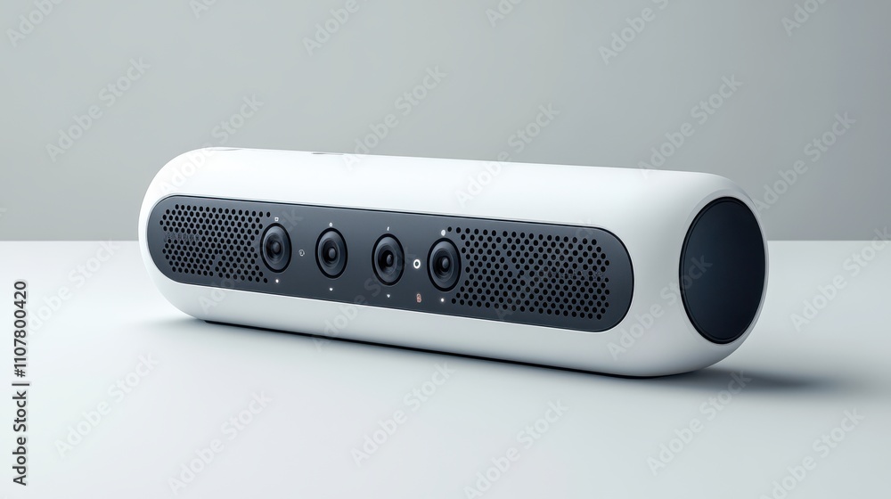 Poster a white rectangular object with black buttons