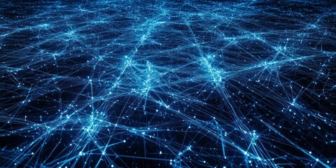 . A complex web of glowing lines and nodes, representing a digital network with data flowing between connections. 