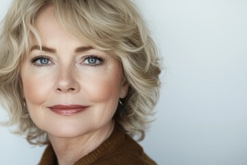 Naklejka premium A close-up portrait of an elegant, middle-aged woman against a white background, showcasing her radiant skin tone 