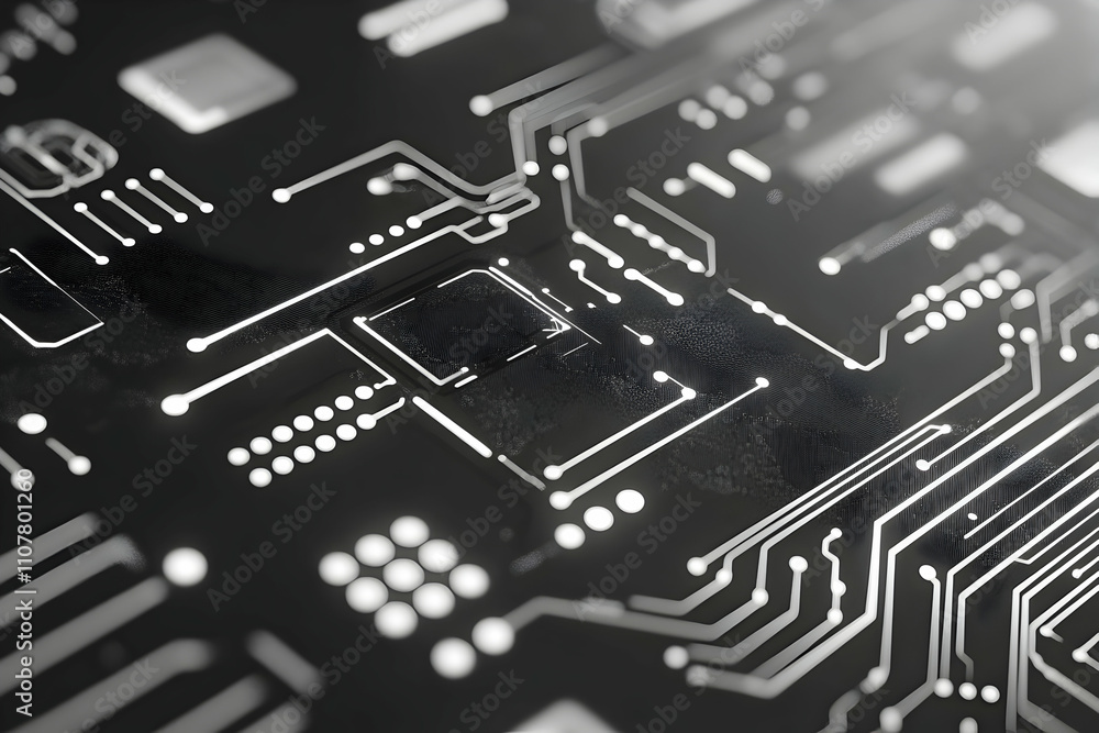 Poster Abstract close-up of a circuit board's intricate pathways and components, showcasing technological detail in monochrome.