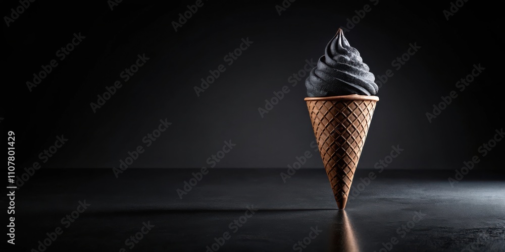 Poster a single black ice cream cone with a waffle cone, standing against a black backdrop, reflecting ligh