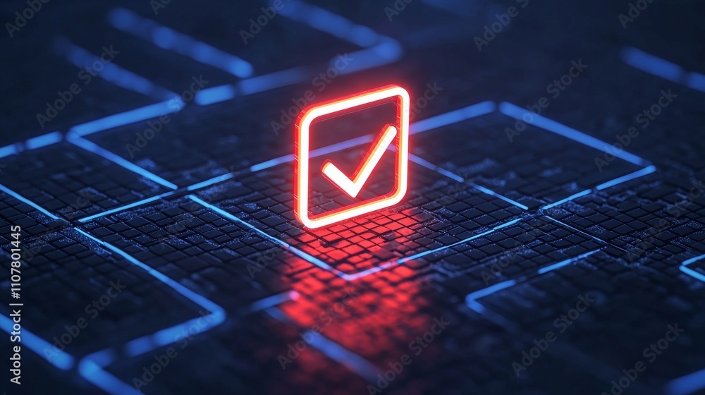 Aufkleber a glowing checkmark inside a digital box against a dark, grid-like background, symbolizing approval 