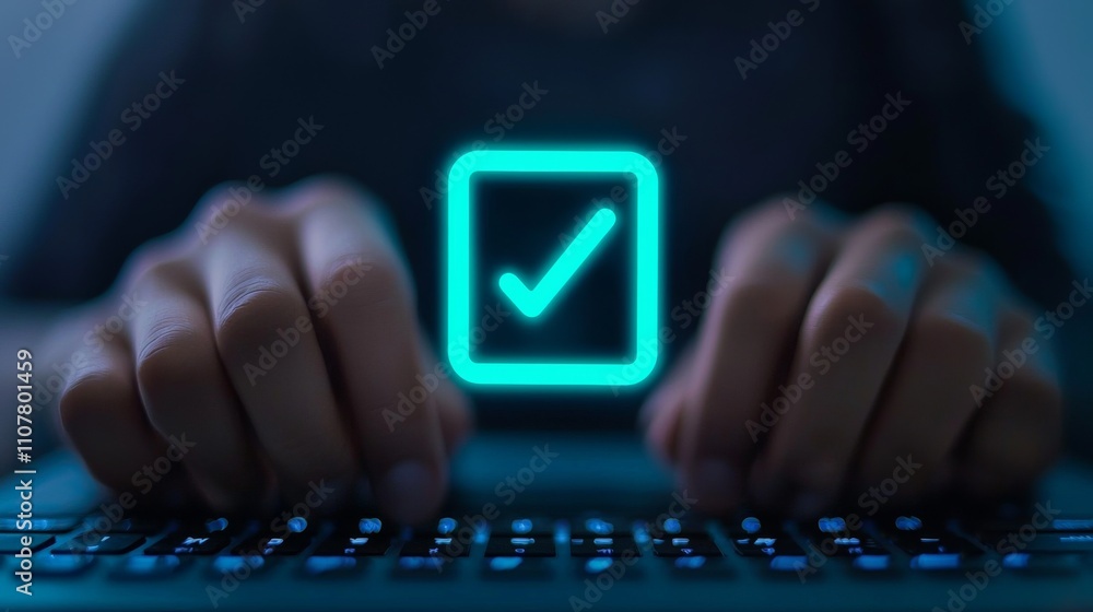 Aufkleber a person types on a keyboard, with a glowing checkmark symbol displayed above, indicating completion
