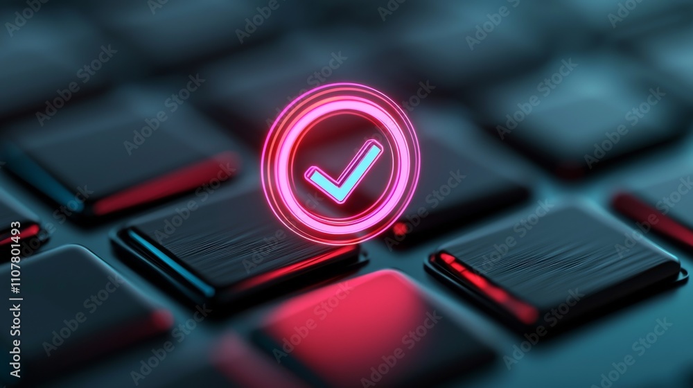 Poster a glowing checkmark symbol is displayed on a dark keyboard, representing confirmation, success, or a