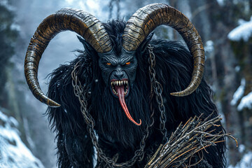 Krampus Christmas half-goat half-demon carrying birch branches and chains