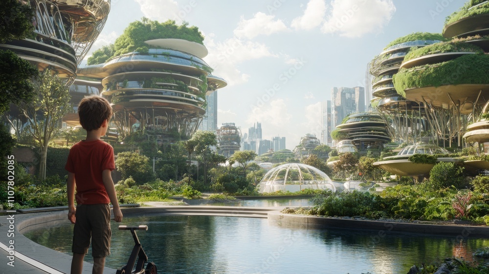 Poster a young boy with a scooter gazes across a tranquil water body at vibrant, futuristic buildings surro