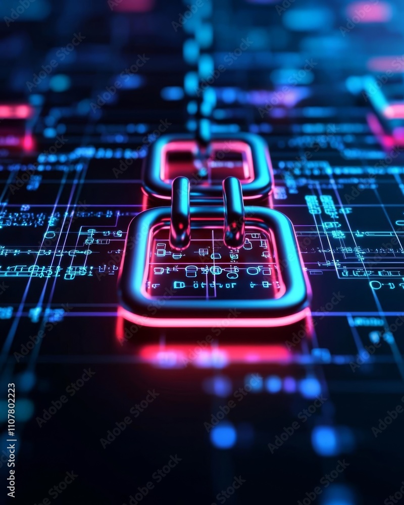 Poster anti tracking security concept. futuristic digital link symbol amid glowing data streams and circuit