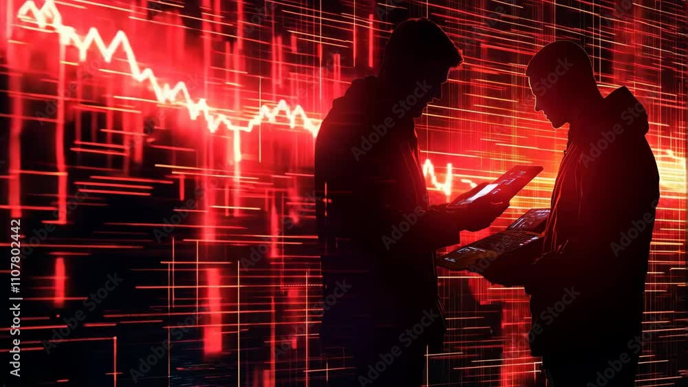 Poster cybersecurity hacker themed, digital data exchange analyzing technology silhouettes against vibrant 