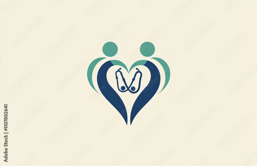 Poster here's a and keyword list for your image.. heart-shaped logo depicting two people and a stethoscope,
