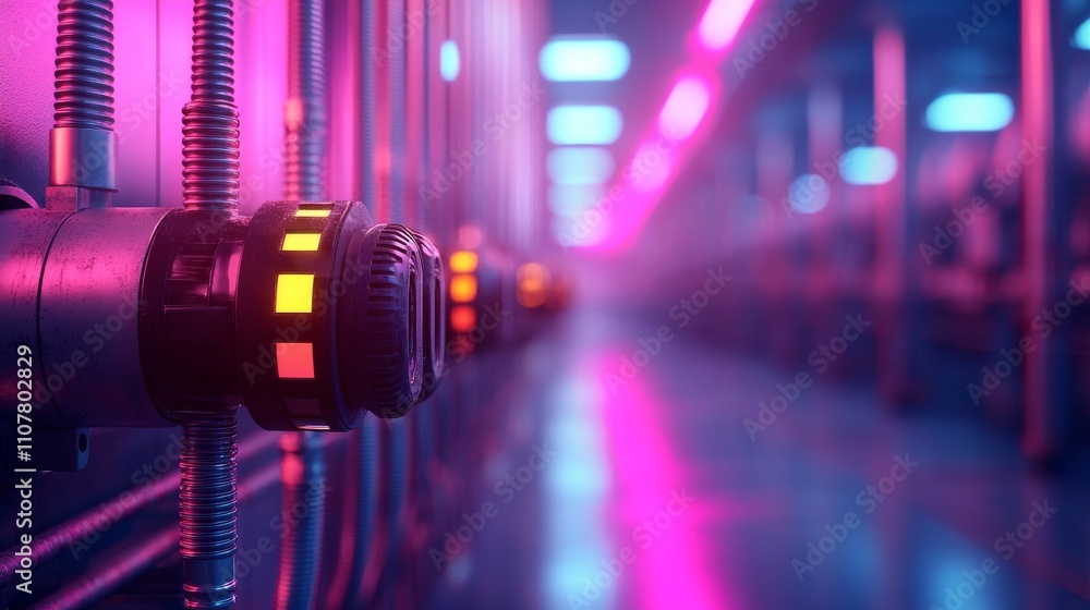 Poster a vibrant, futuristic scene featuring illuminated machinery with colorful lights and reflections, cr