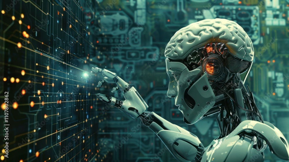 Poster photograph of digital brain with robotic arm on digital background intelligence and technology