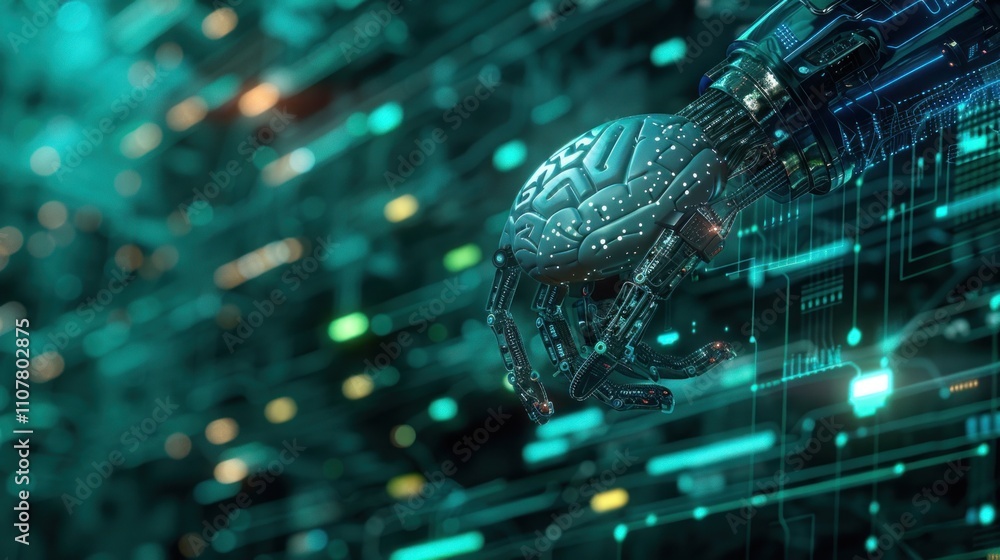 Poster photograph of digital brain with robotic arm on digital background intelligence and technology