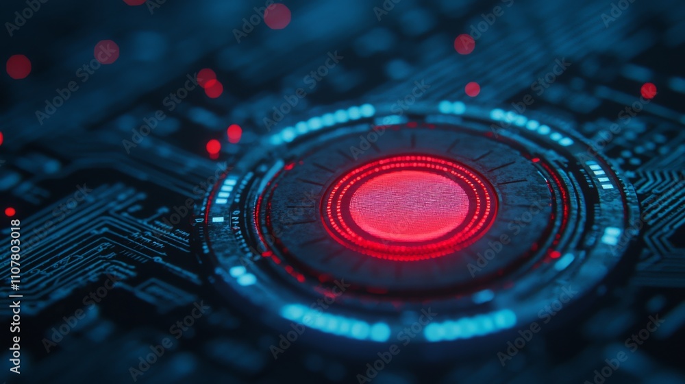 Poster a close-up view of a glowing red circular element on a dark circuit board, highlighting technology a