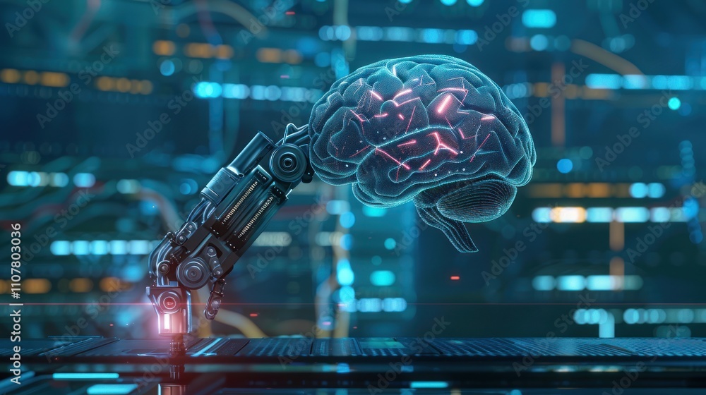 Poster photograph of digital brain with robotic arm on digital background intelligence and technology