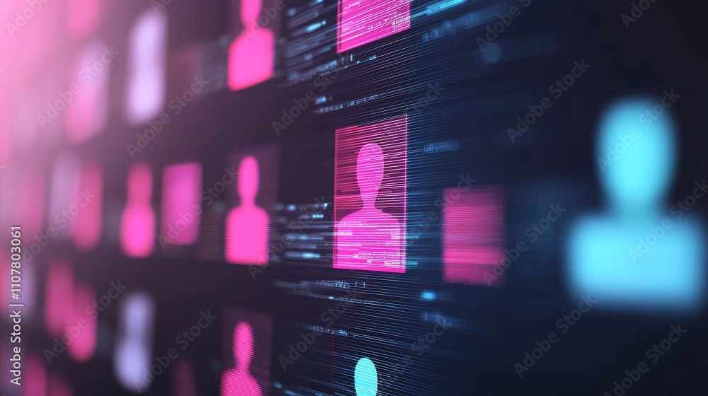 Poster a digital representation of user profiles with vibrant colors, highlighting connections in a network