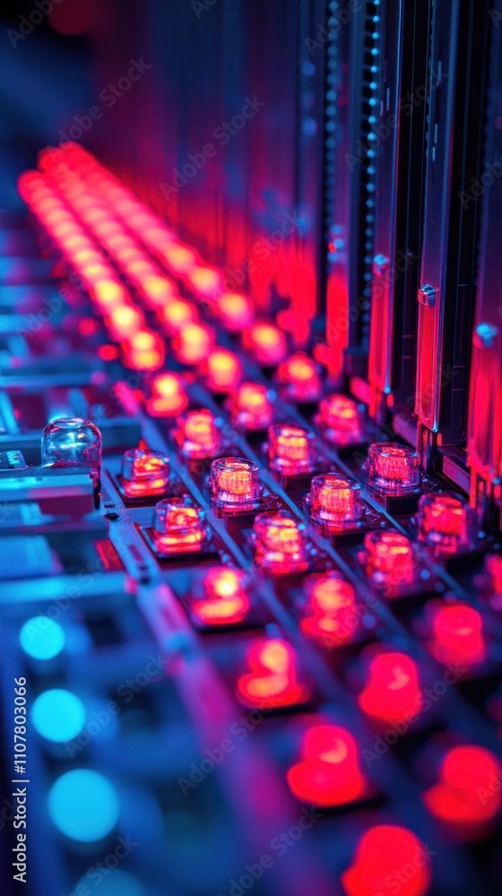 Poster close-up of illuminated circuit board with red and blue leds.