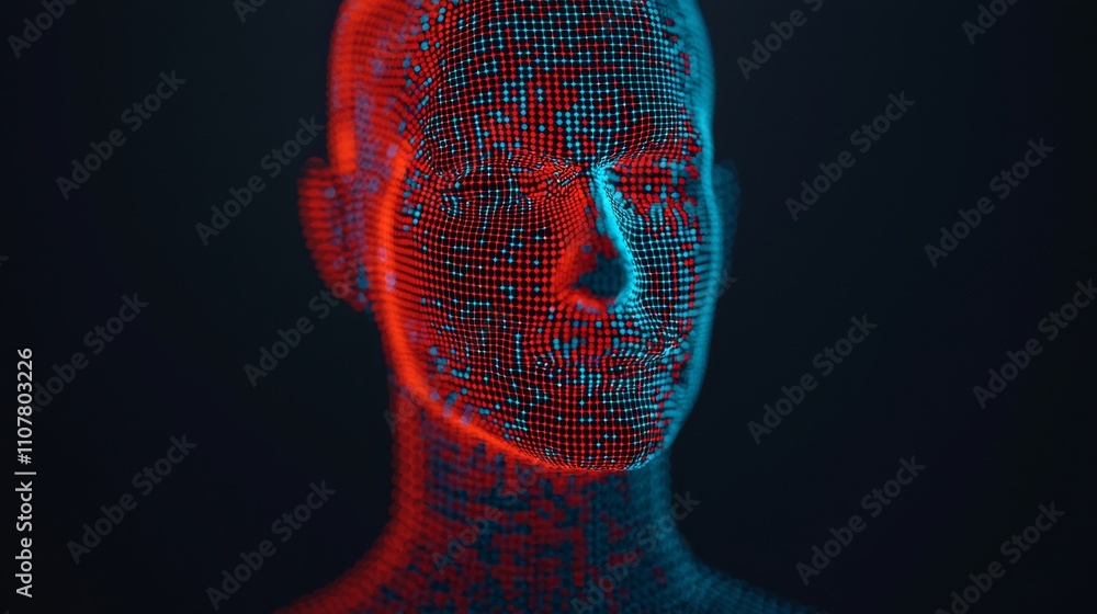 Poster a digital representation of a human head created with a mesh of glowing red and blue lines against a