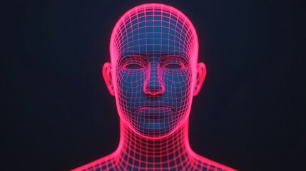 A digital representation of a human head with a neon grid pattern, showcasing a blend of technology and art in a futuristic style.