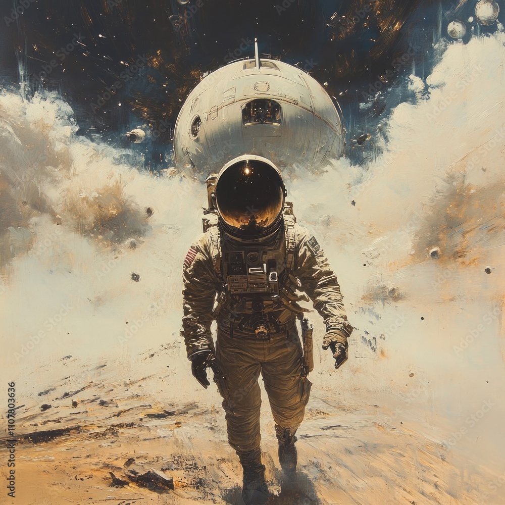 Poster an astronaut walks on a dusty planet with a large, spherical spacecraft hovering above him, surround