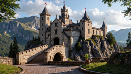 Fototapeta premium Majestic castle on a rocky hill surrounded by mountains and trees in a scenic landscape 