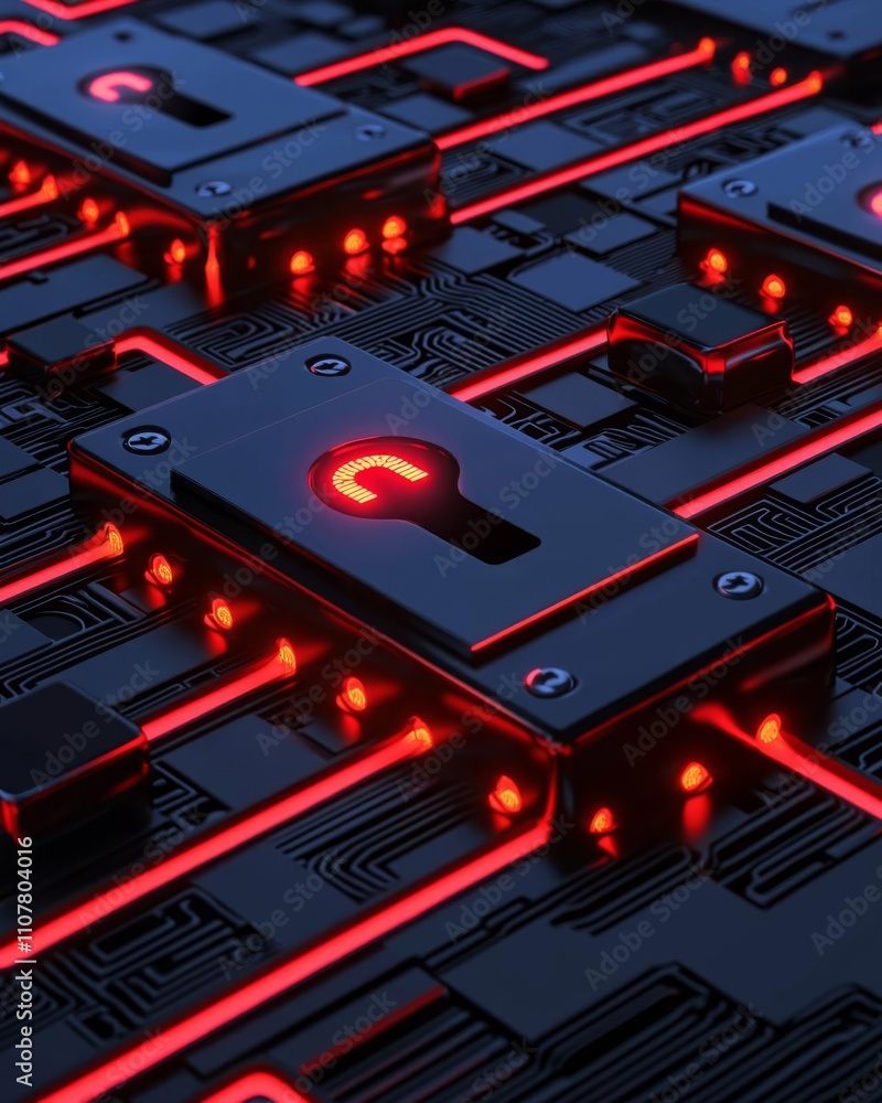 Poster anti tracking security concept. futuristic digital locks with intricate circuits and glowing red lig