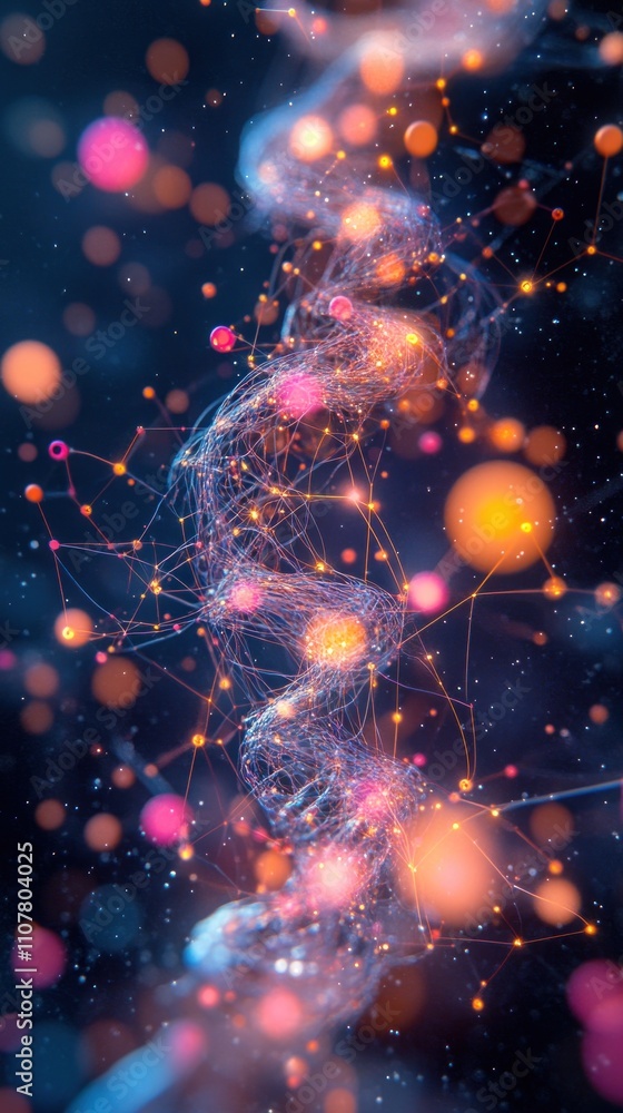 Aufkleber a glowing helix with connecting lines and colorful bokeh lights against a dark blue background.