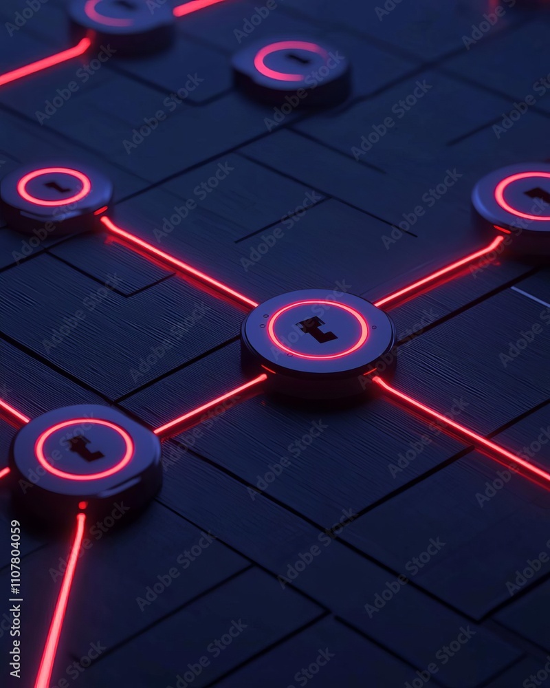 Aufkleber anti tracking security concept. abstract digital network with neon circles and glowing lines in dark