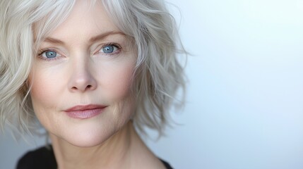 Naklejka premium A close-up portrait of an elegant, middle-aged woman against a white background, showcasing her radiant skin tone 