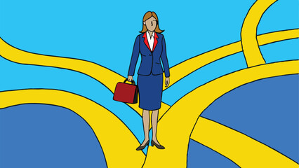  business directions challenge, confusion or decide options concept, businesswoman thinking and make business decisions